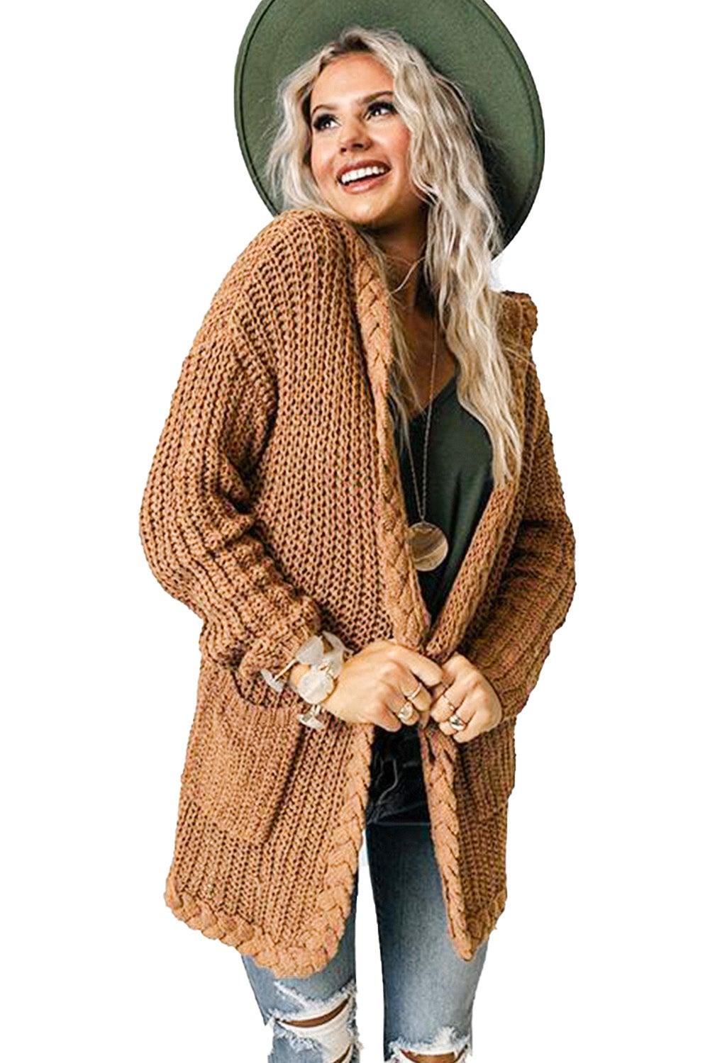 Solid Color Cable Knit Cardigan with Pockets - L & M Kee, LLC