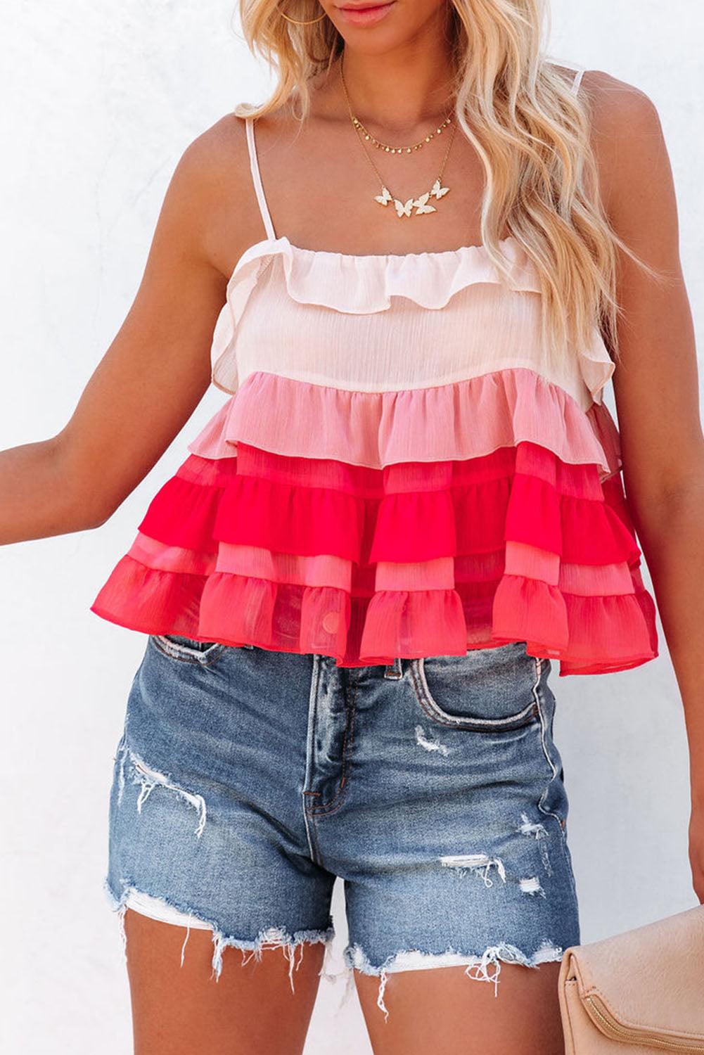 Gradient Ruffle Tiered Spaghetti Straps Tank Top - L & M Kee, LLC