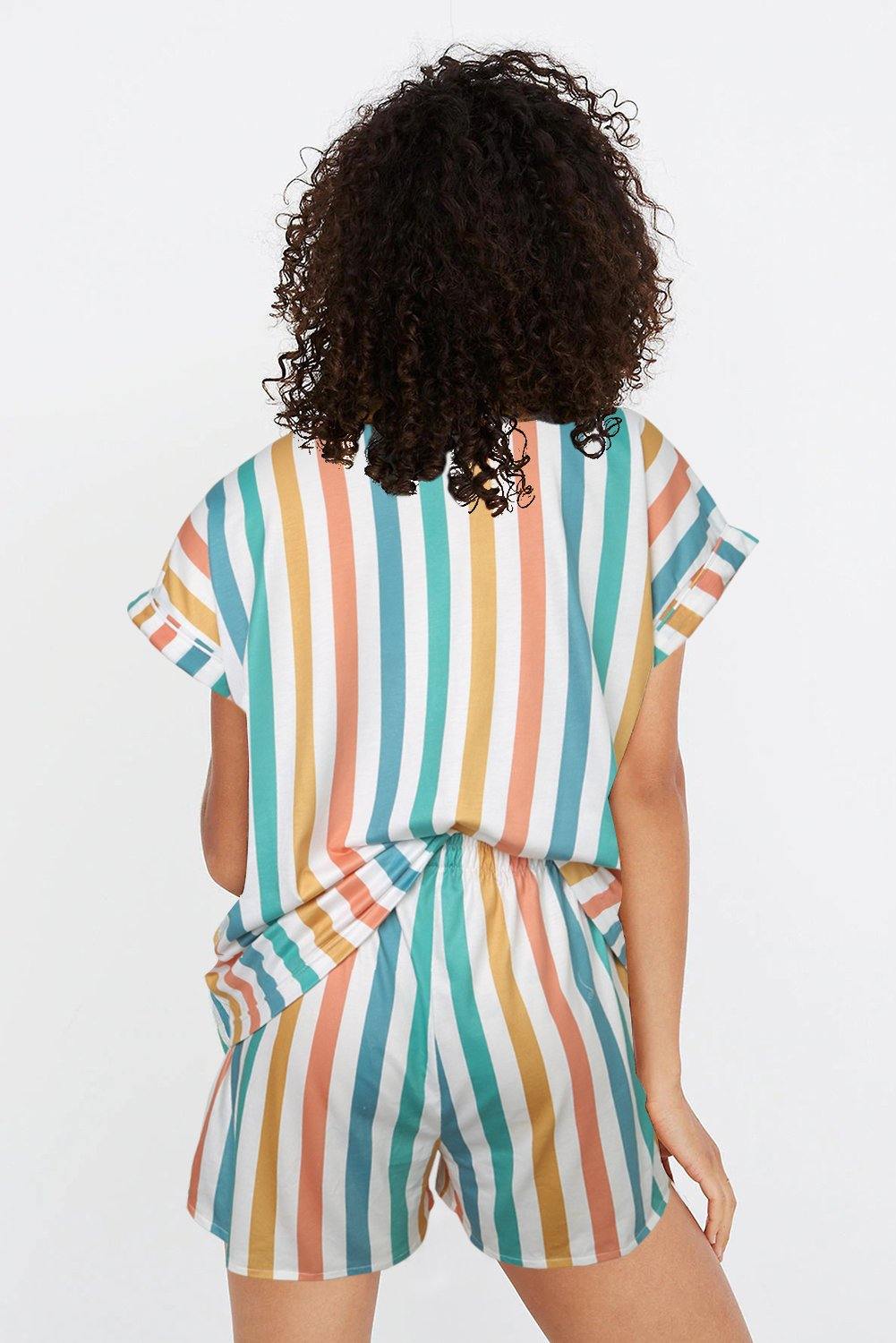 Multicolor Striped Turn-down Collared Pajamas Set - L & M Kee, LLC