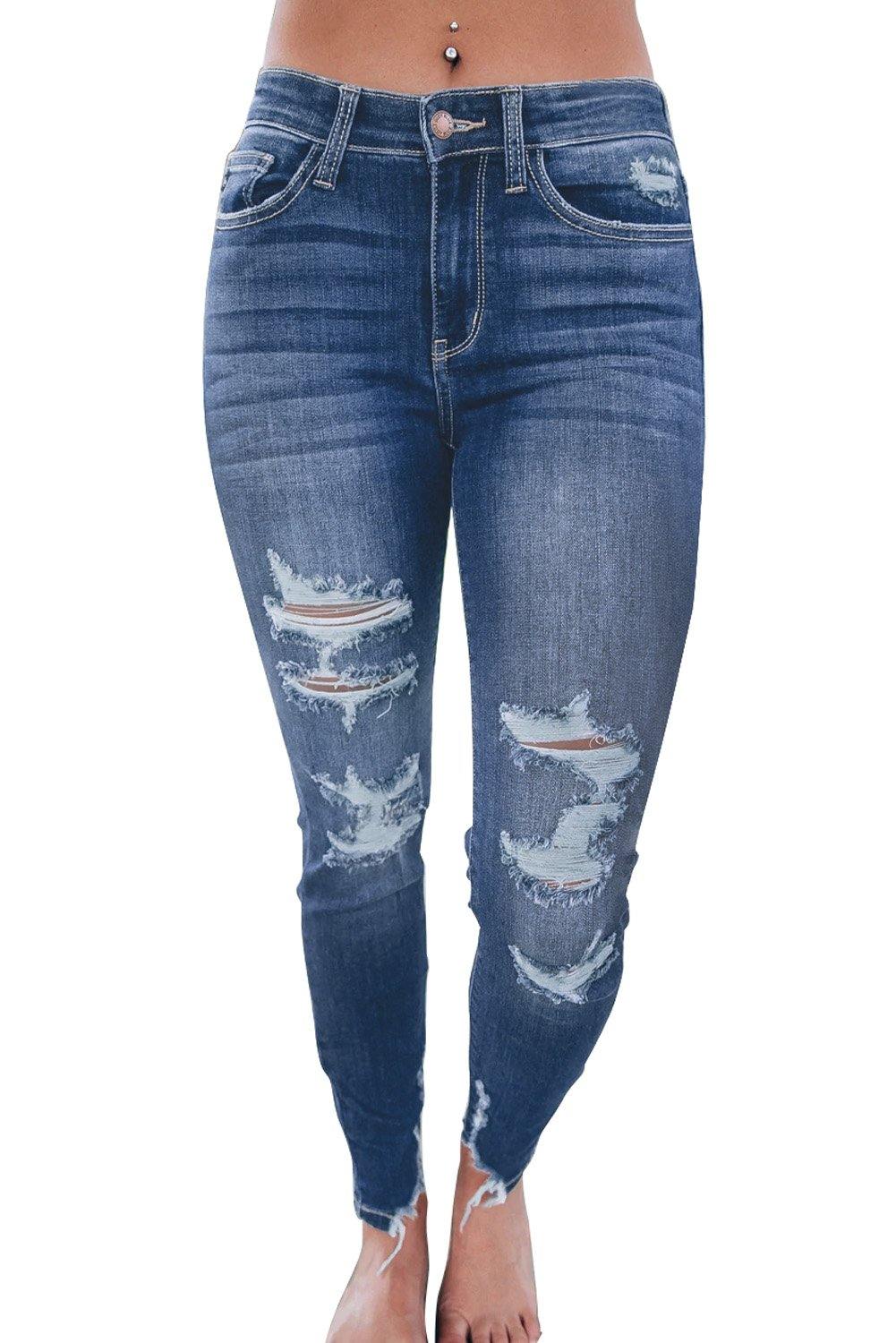 Medium Wash High Rise Distressed Skinny Jeans - L & M Kee, LLC