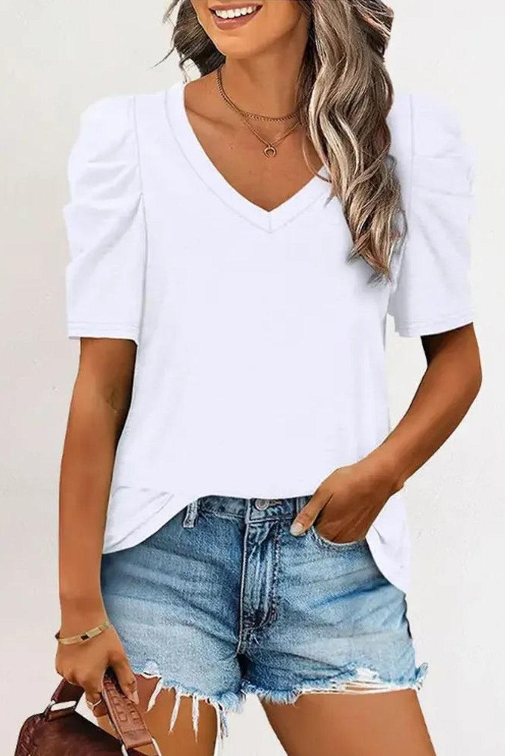 White Puff Sleeve V-Neck T-Shirt