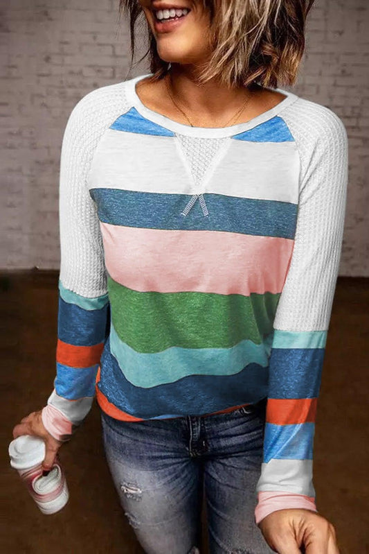 Striped Color Block Long Sleeve Blouse - L & M Kee, LLC