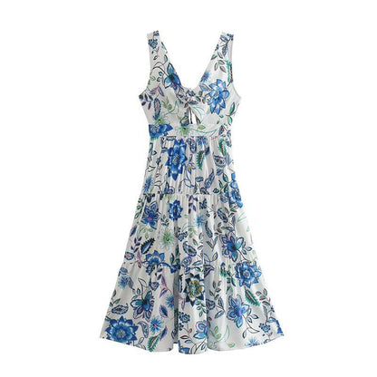 Elegant V-Neck Bow Blue Print A-Line Dress - L & M Kee, LLC