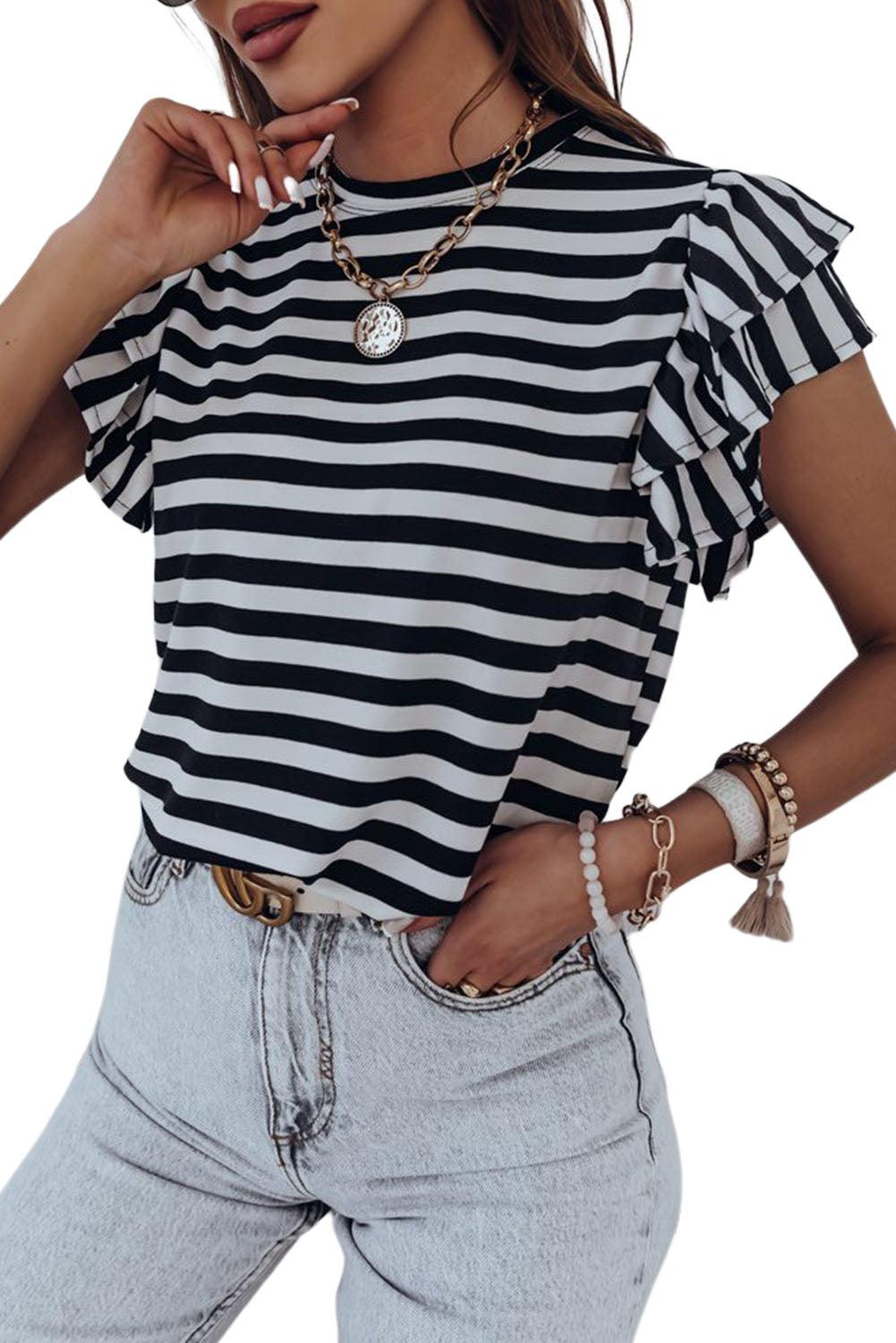 Stripe Print Tiered Ruffled Sleeve Tee - L & M Kee, LLC