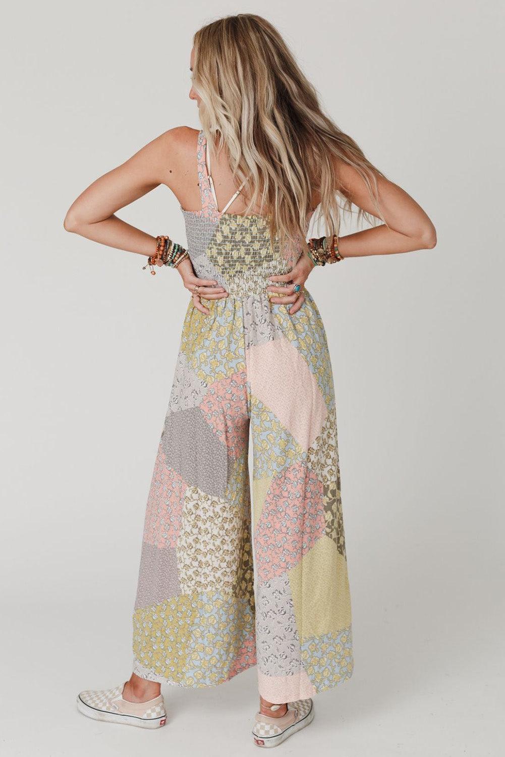 Multicolor Irregular Patchwork Print Smocked Wide Leg Jumpsuit - L & M Kee, LLC