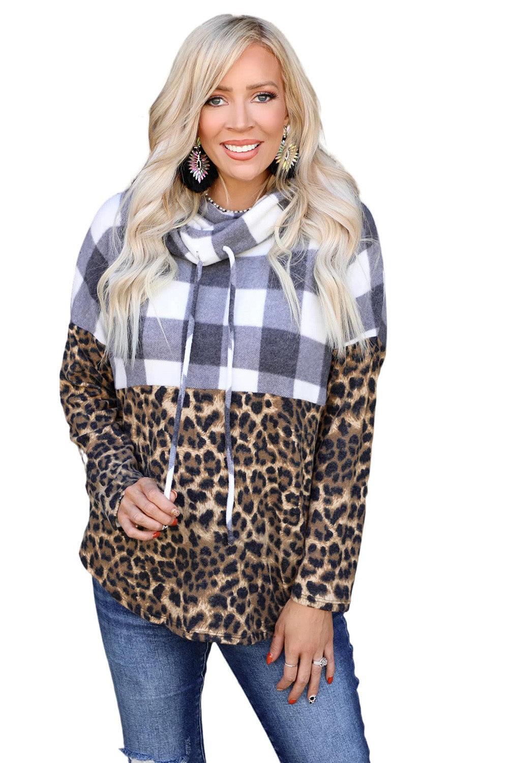 Leopard Plaid Patchwork Cowl Neck Sweatshirt - L & M Kee, LLC