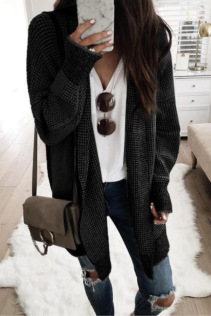 Plaid Knitted Long Open Front Cardigan - L & M Kee, LLC