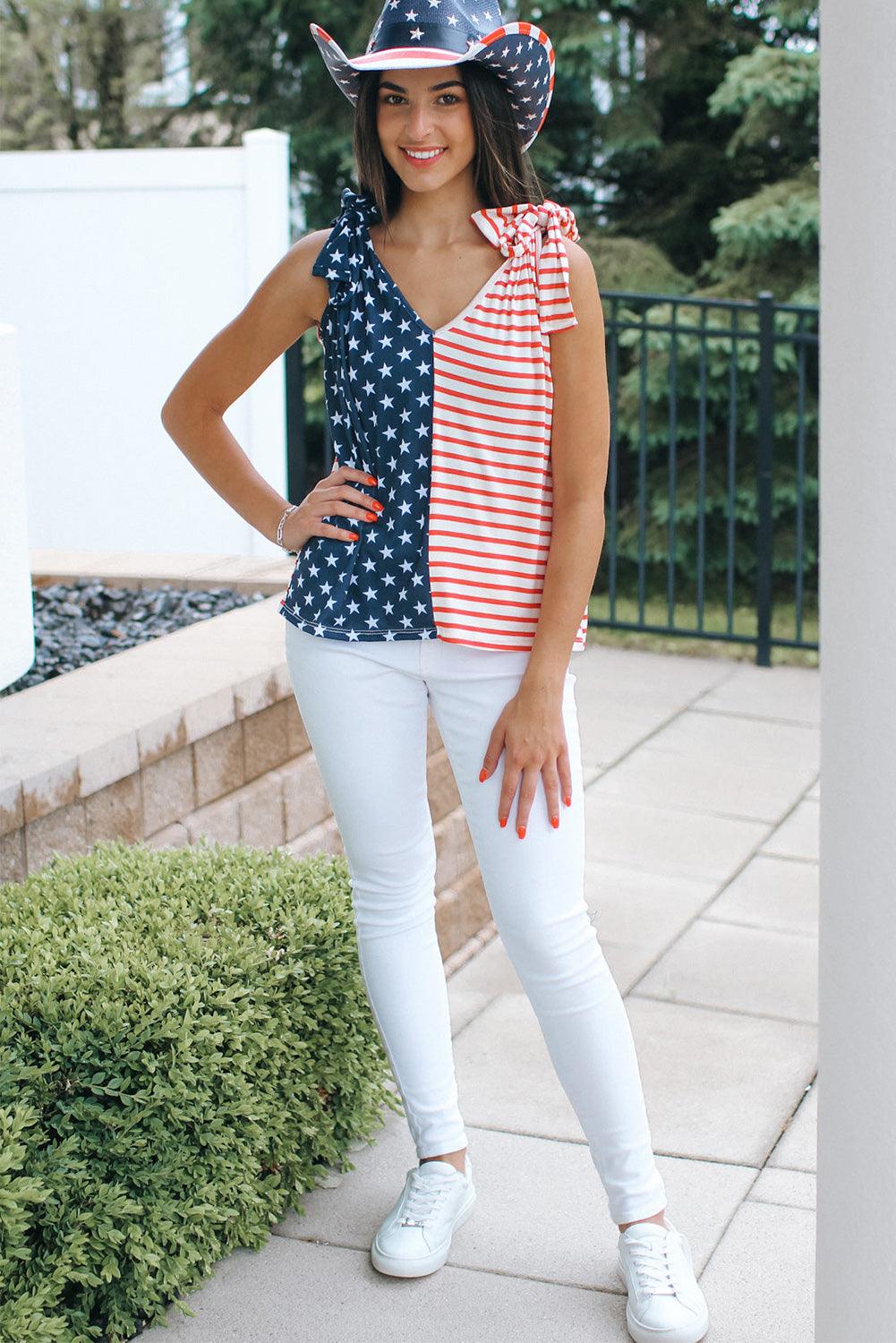 American Flag Color Block Knotted Straps Tank Top - L & M Kee, LLC