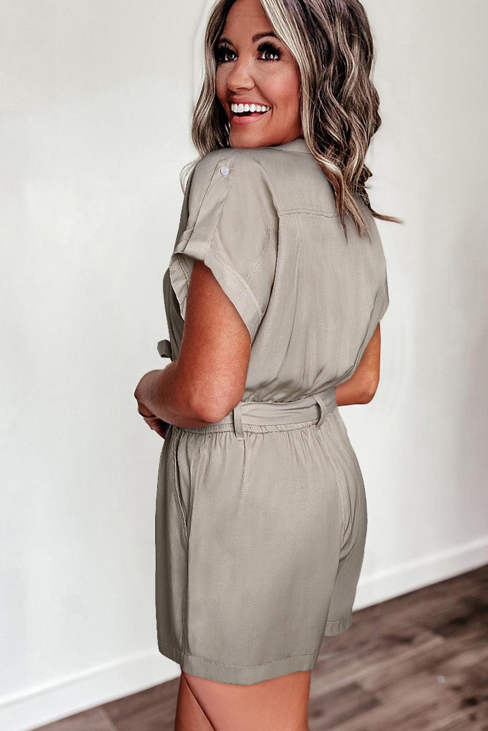 Buttoned Pockets Lace-up Belt High Waist Romper - L & M Kee, LLC