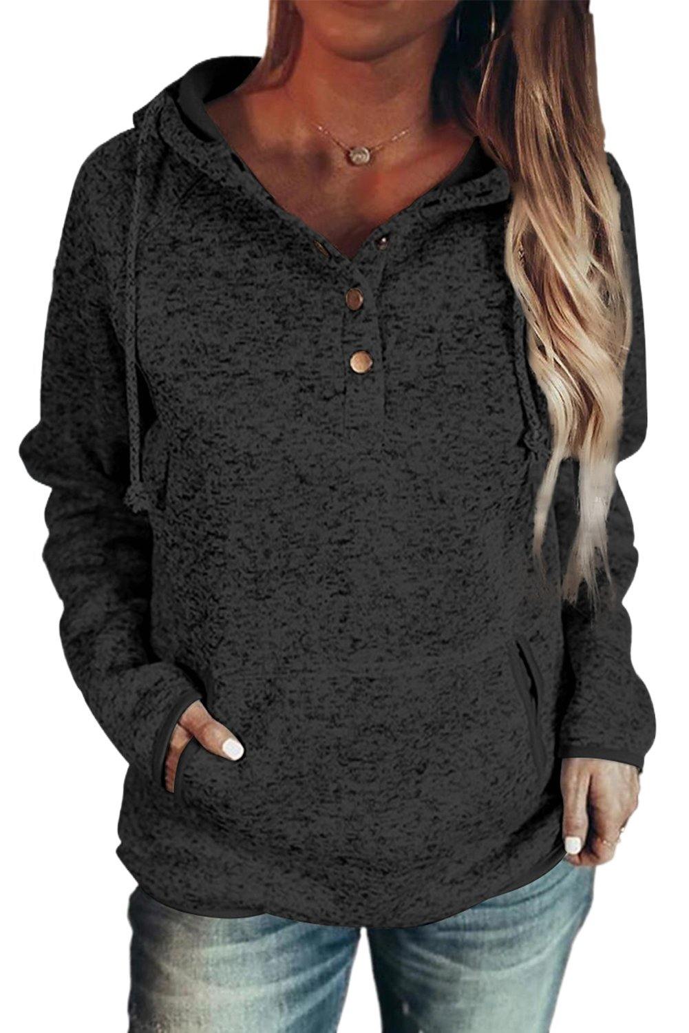 Black Heathered Print Button Snap Neck Pullover Hoodie - L & M Kee, LLC