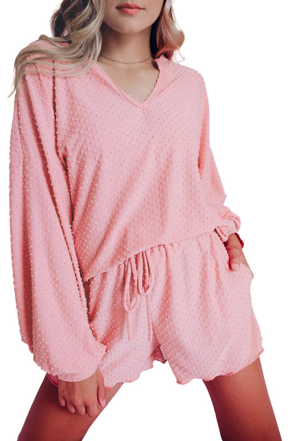 Swiss Dot Split Neck Long Sleeve Top and Shorts Lounge Set - L & M Kee, LLC