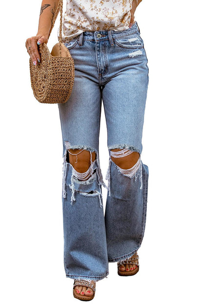 Destroyed Open Knee Wide Leg Jeans - L & M Kee, LLC