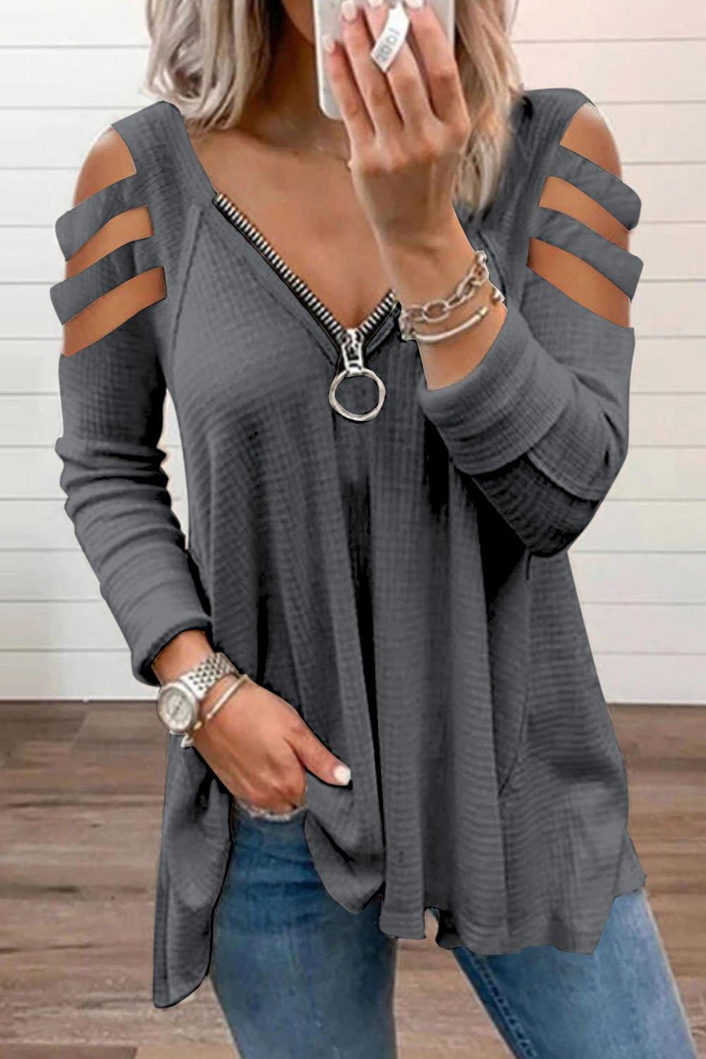 Zip Neck Cut-out Waffle Knit Long Sleeve Top - L & M Kee, LLC