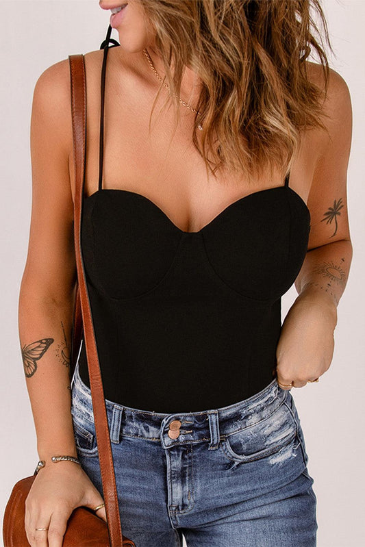 Solid Color Lace-up Spaghetti Straps Bodysuit - L & M Kee, LLC