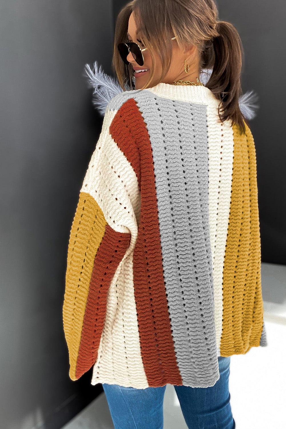 Multicolor Color Block Patchwork V Neck Knit Sweater - L & M Kee, LLC