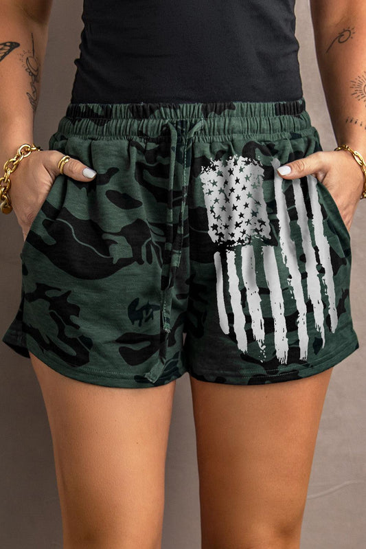 Army Green Camo Print Raw Hem Casual Shorts - L & M Kee, LLC