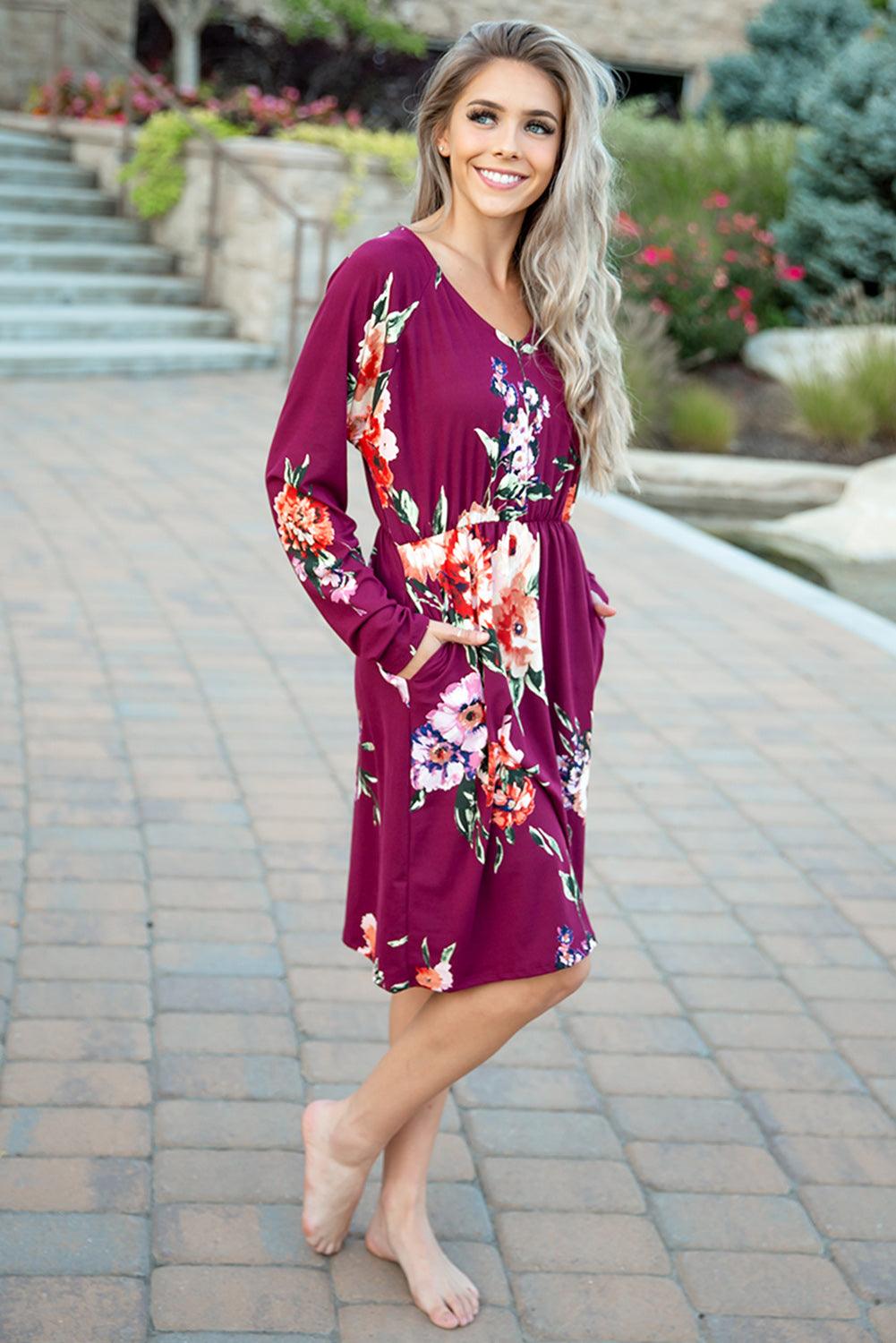 Long Sleeve High Waist Floral Dress - L & M Kee, LLC