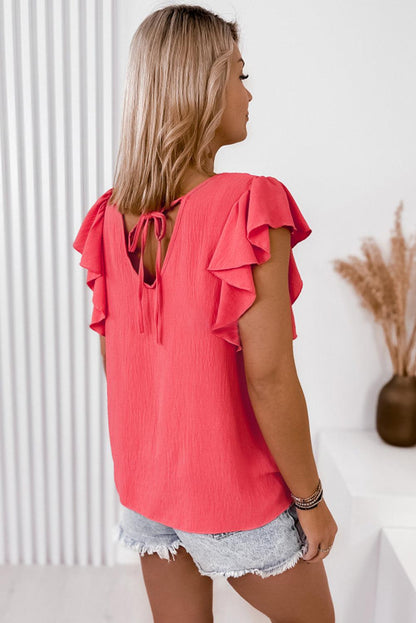 V Neck Ruffle Sleeve Loose Top - L & M Kee, LLC