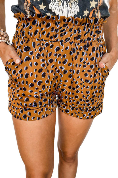 Leopard Print Ruffle Elastic Waist Shorts