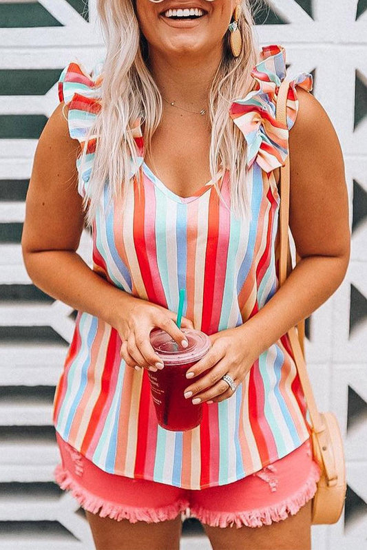 Multicolor Striped V Neck Ruffle Straps Tank Top - L & M Kee, LLC