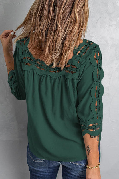 Green Drak Green Crochet Trim Hollow-out Blouse - L & M Kee, LLC