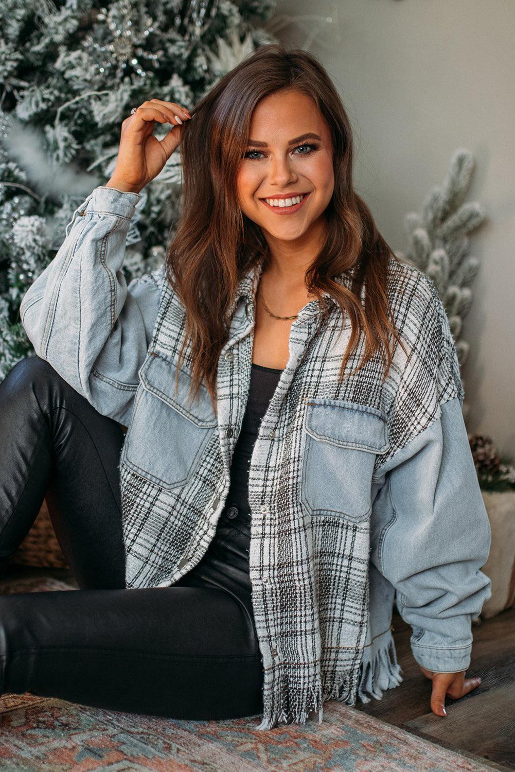 Plaid Patchwork Fringed Flap Pockets Denim Jacket - L & M Kee, LLC