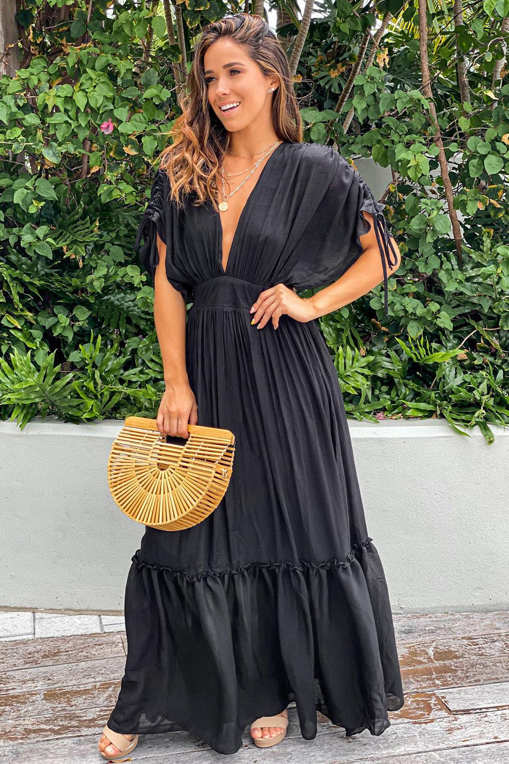 Drawstring Pleated Kimono Sleeve Ruffle Maxi Dress - L & M Kee, LLC