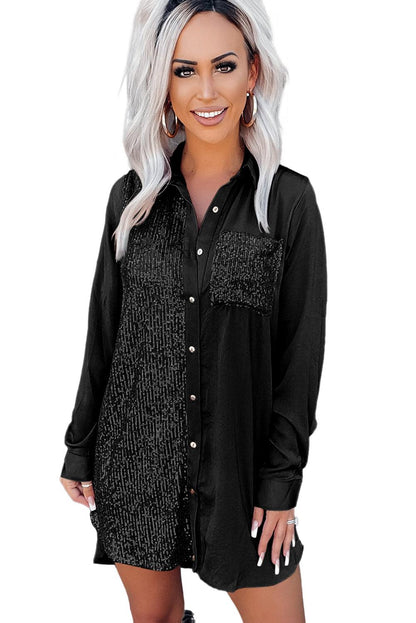 Khaki Sequin Splicing Pocket Buttoned Shirt Dress - L & M Kee, LLC