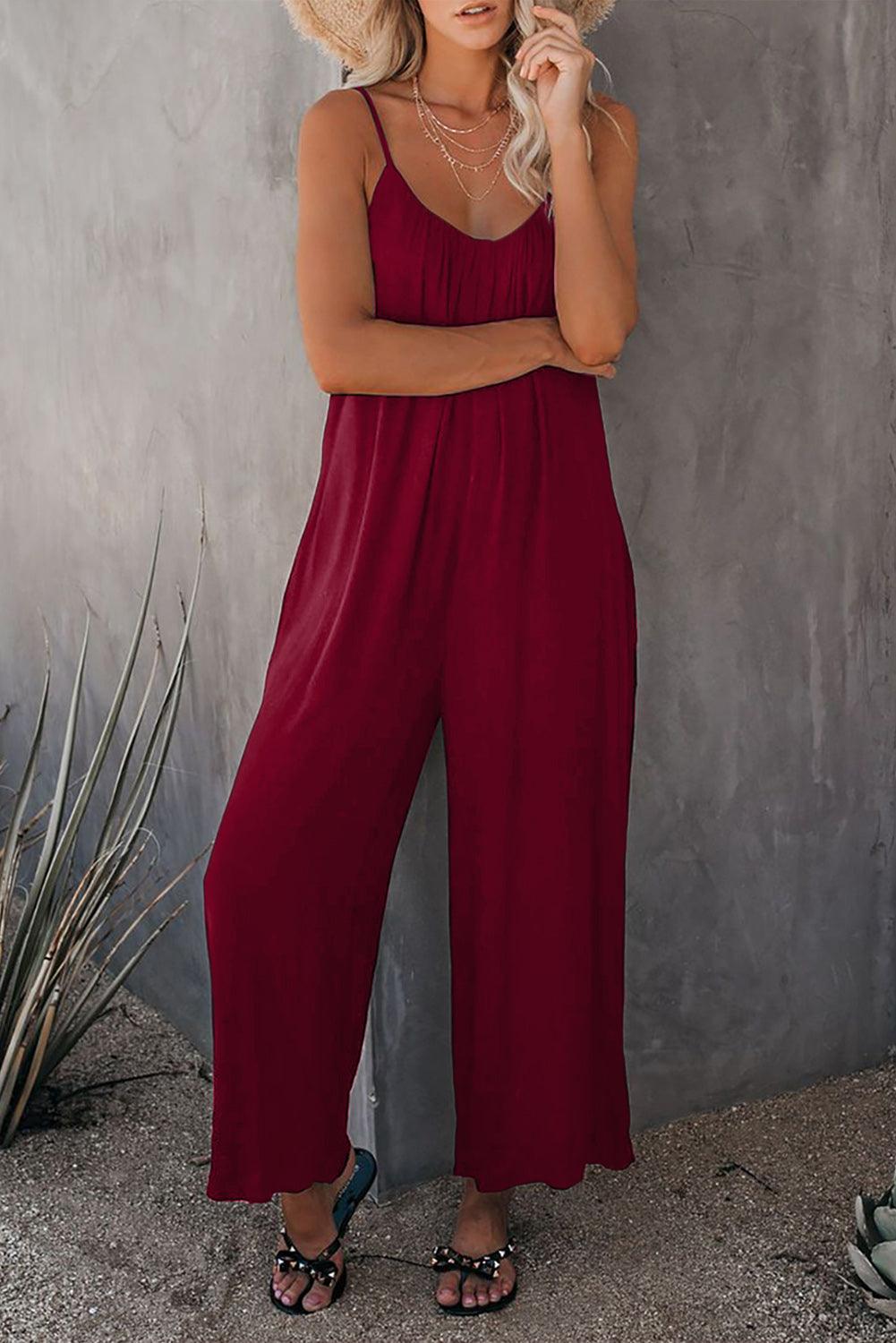 Spaghetti Straps Wide Leg Pocketed Jumpsuits - L & M Kee, LLC