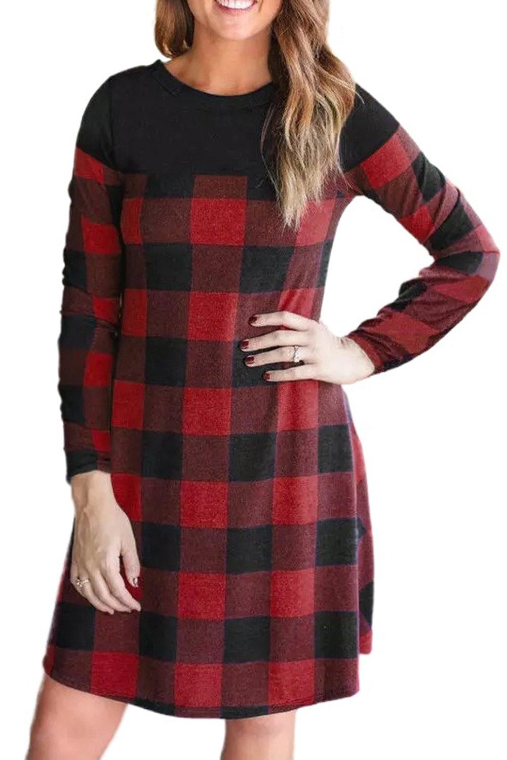 Buffalo Plaid Splicing Long Sleeve Mini Dress - L & M Kee, LLC