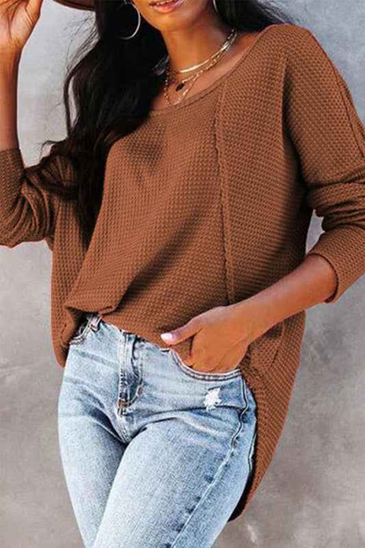 Waffle Knit Splicing Buttons Long Sleeve Top - L & M Kee, LLC