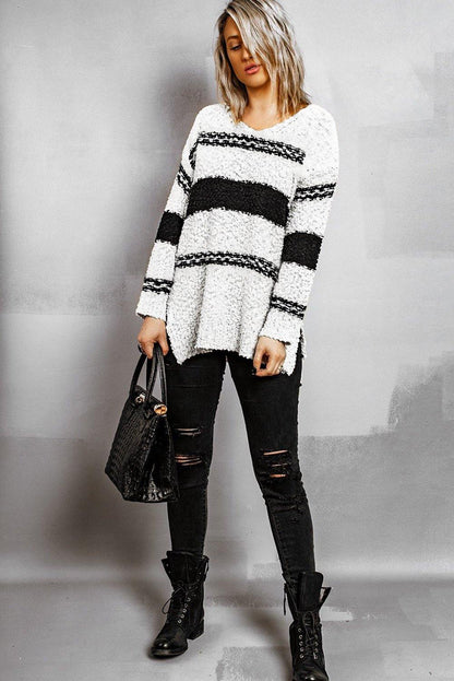 Striped Colorblock V Neck Long Sleeve Knitted Sweater - L & M Kee, LLC
