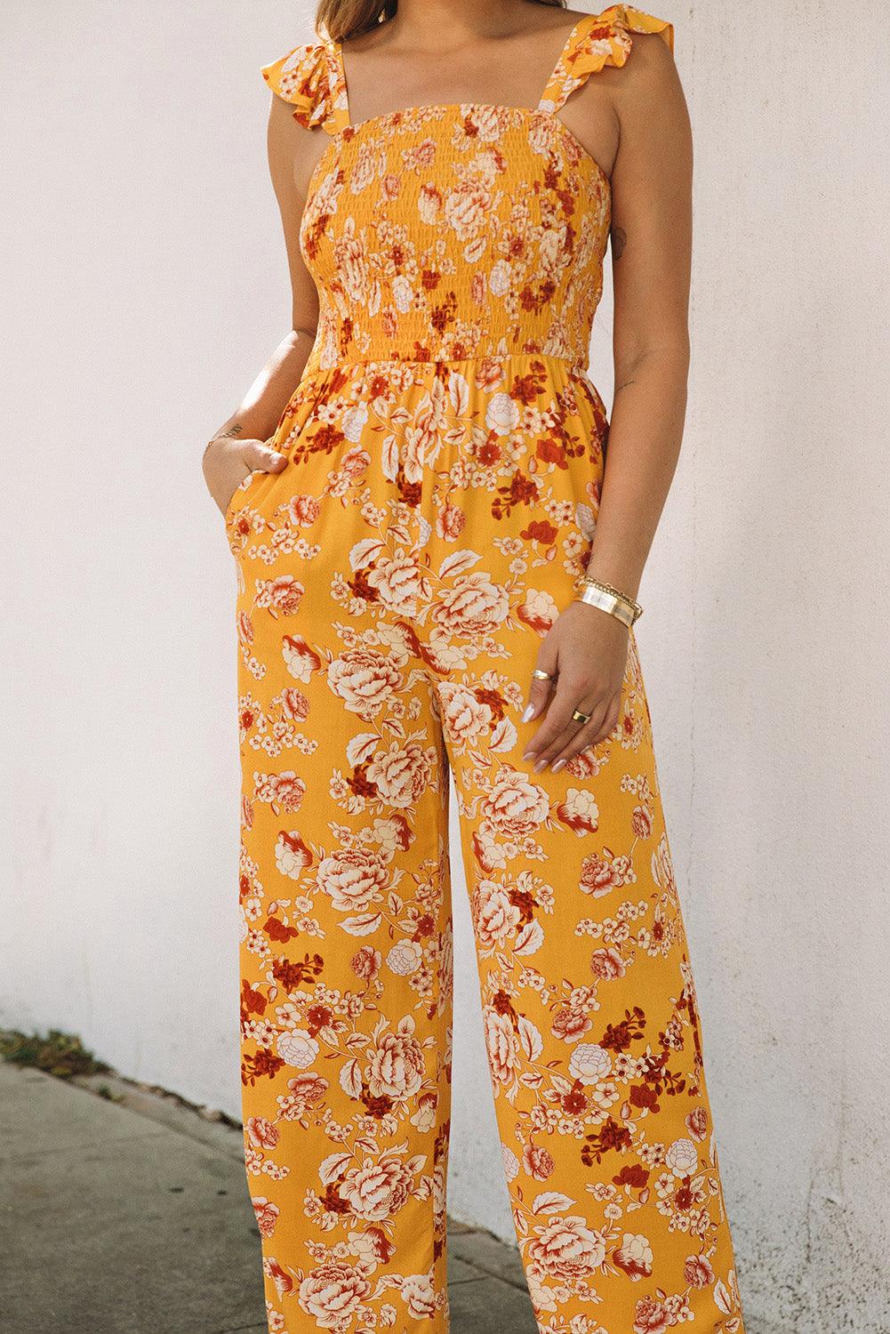 Floral Print Ruffle Shoulder Smocked Wide Leg Jumpsuit - L & M Kee, LLC