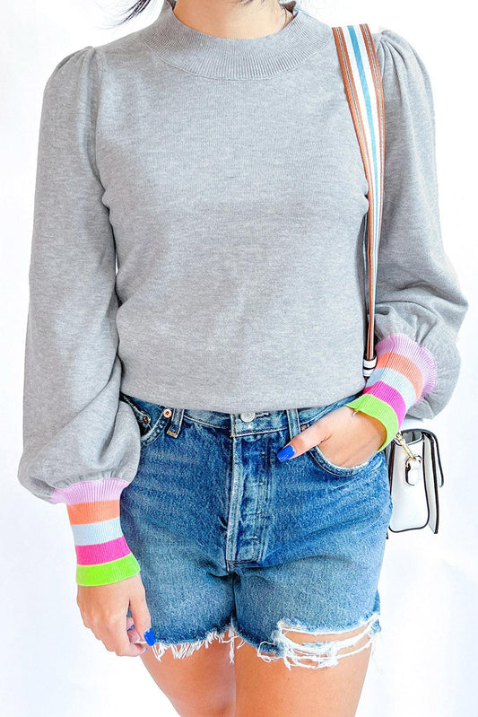 Crew Neck Colorful Striped Cuffs Puff Sleeves Sweater - L & M Kee, LLC