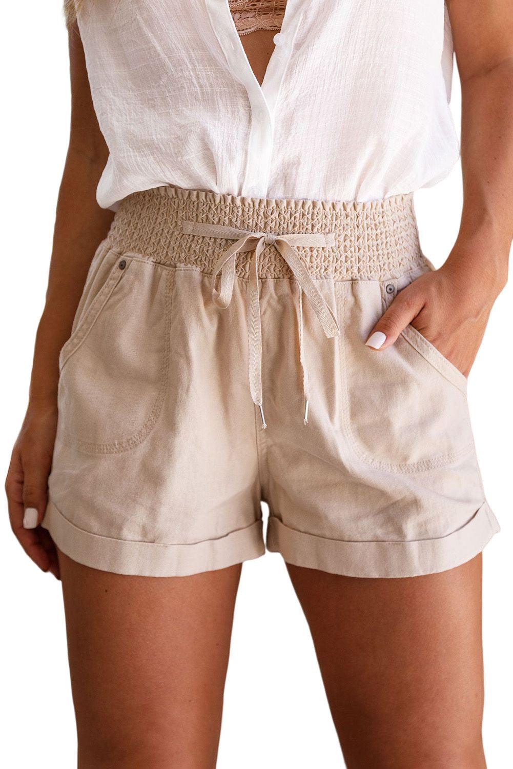 Khaki Drawstring Shirred High Waist Casual Shorts - L & M Kee, LLC