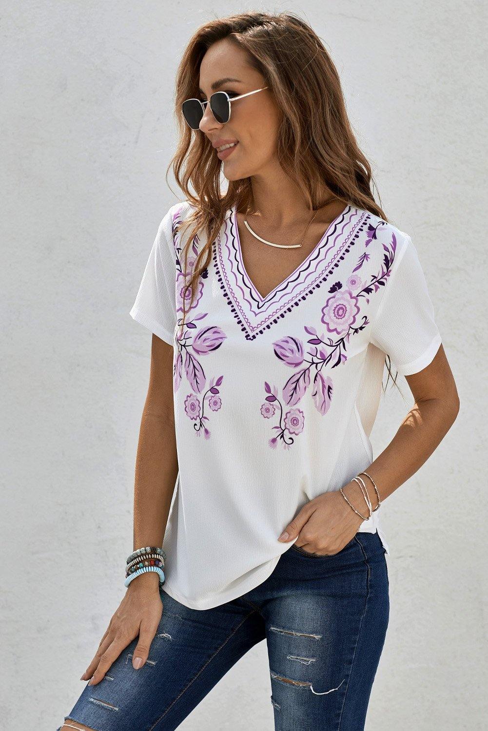 Floral Embroidery V Neck Short Sleeve Top - L & M Kee, LLC