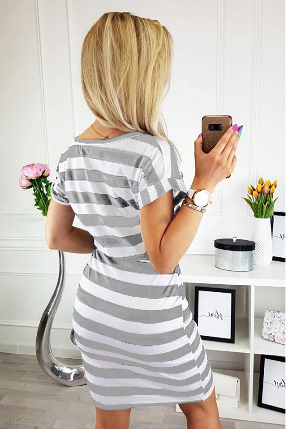 Stripes Pocketed T-shirt Dress with Belt - L & M Kee, LLC