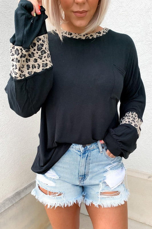 Leopard Print Balloon Sleeve Crew Neck Top - L & M Kee, LLC