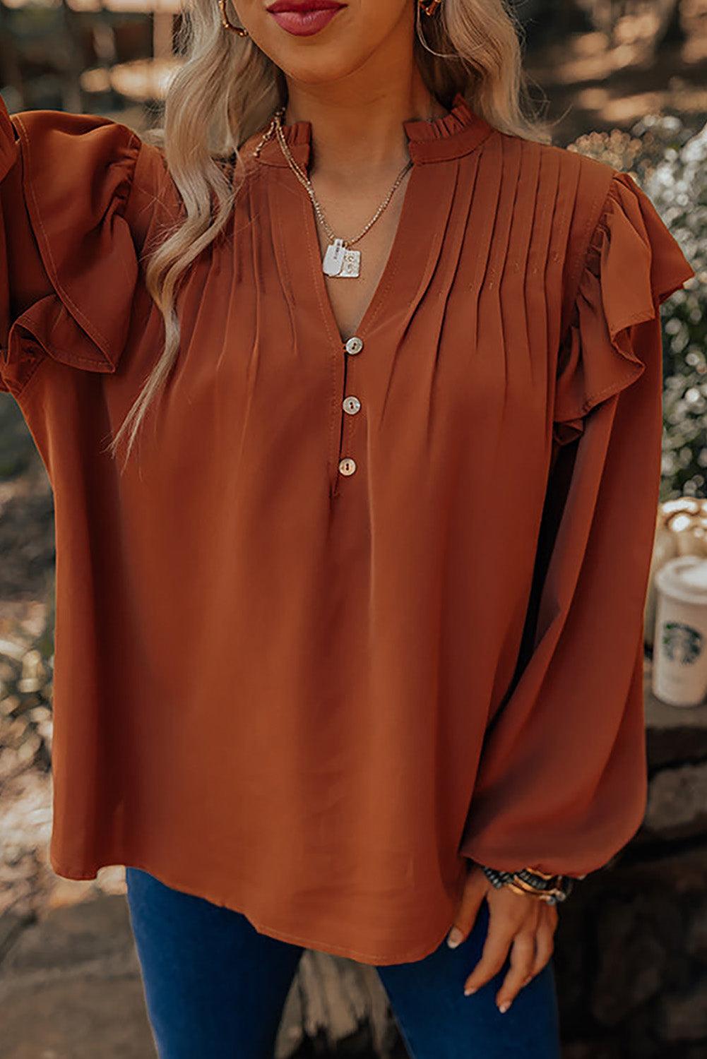 Ruffled Pleated Buttoned V Neck Blouse - L & M Kee, LLC