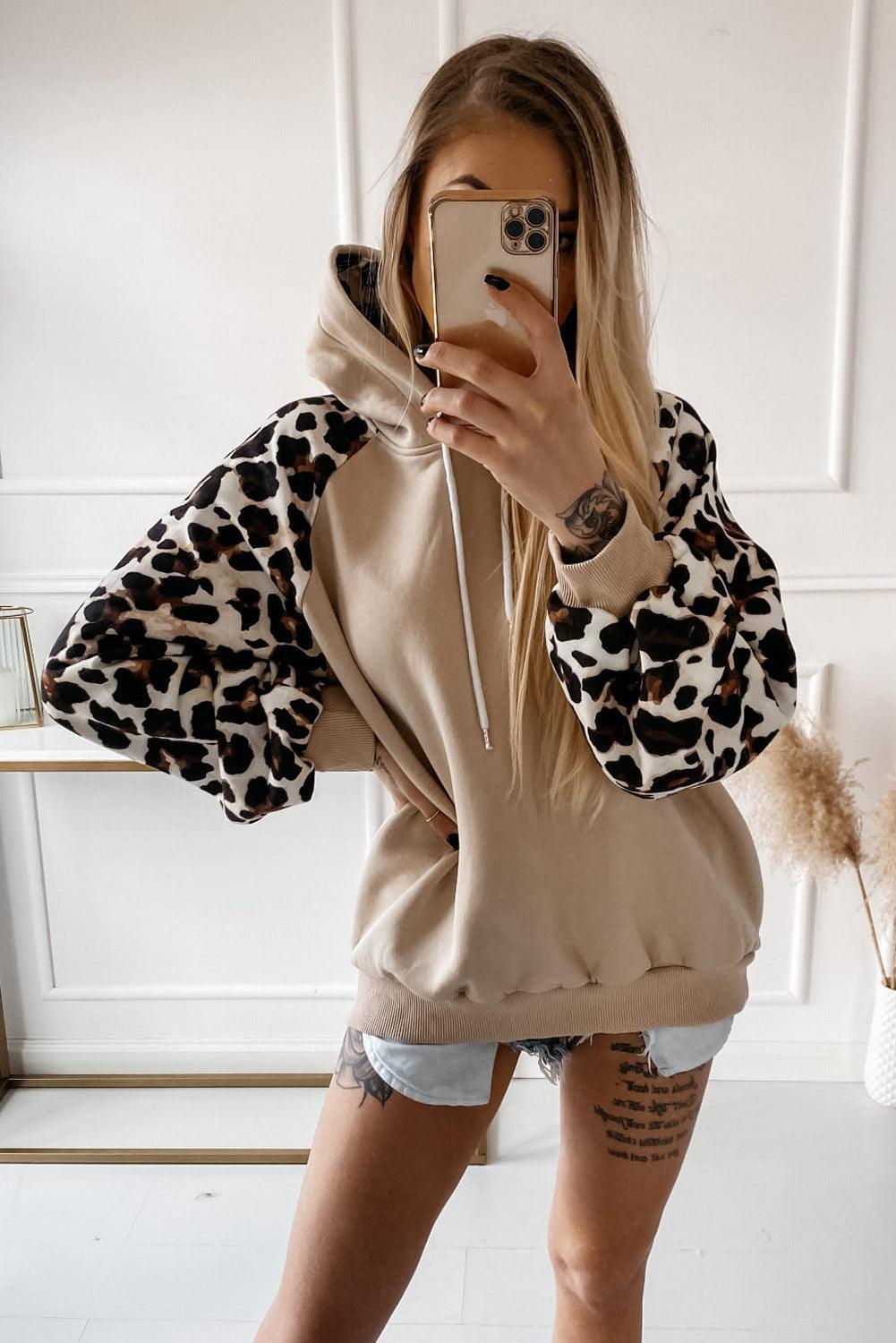 Khaki Leopard Bishop Sleeve Hooded Sweatshirt - L & M Kee, LLC