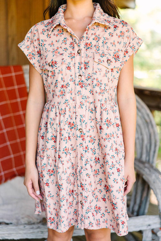 Short Sleeve Flap Pockets Shirt Floral Dress - L & M Kee, LLC