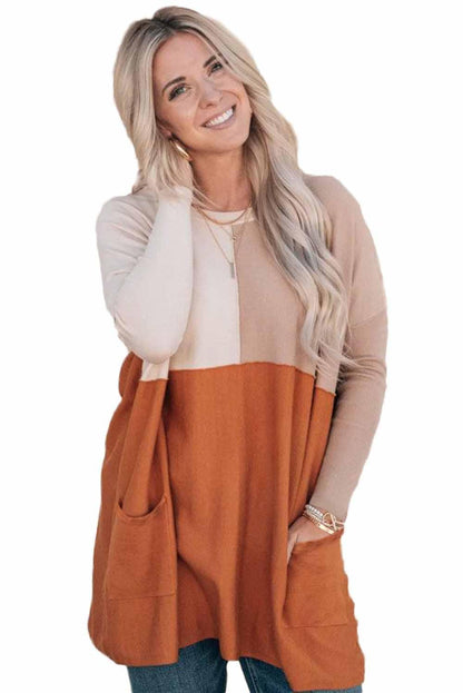 Pocketed Color Block Patchwork Long Sleeve Top - L & M Kee, LLC