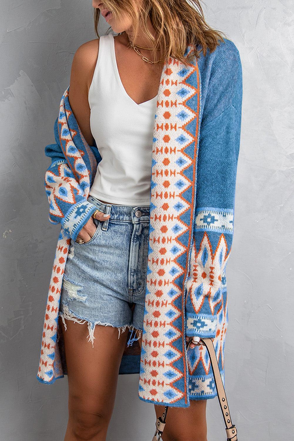 Aztec Print Open Front Knitted Cardigan - L & M Kee, LLC