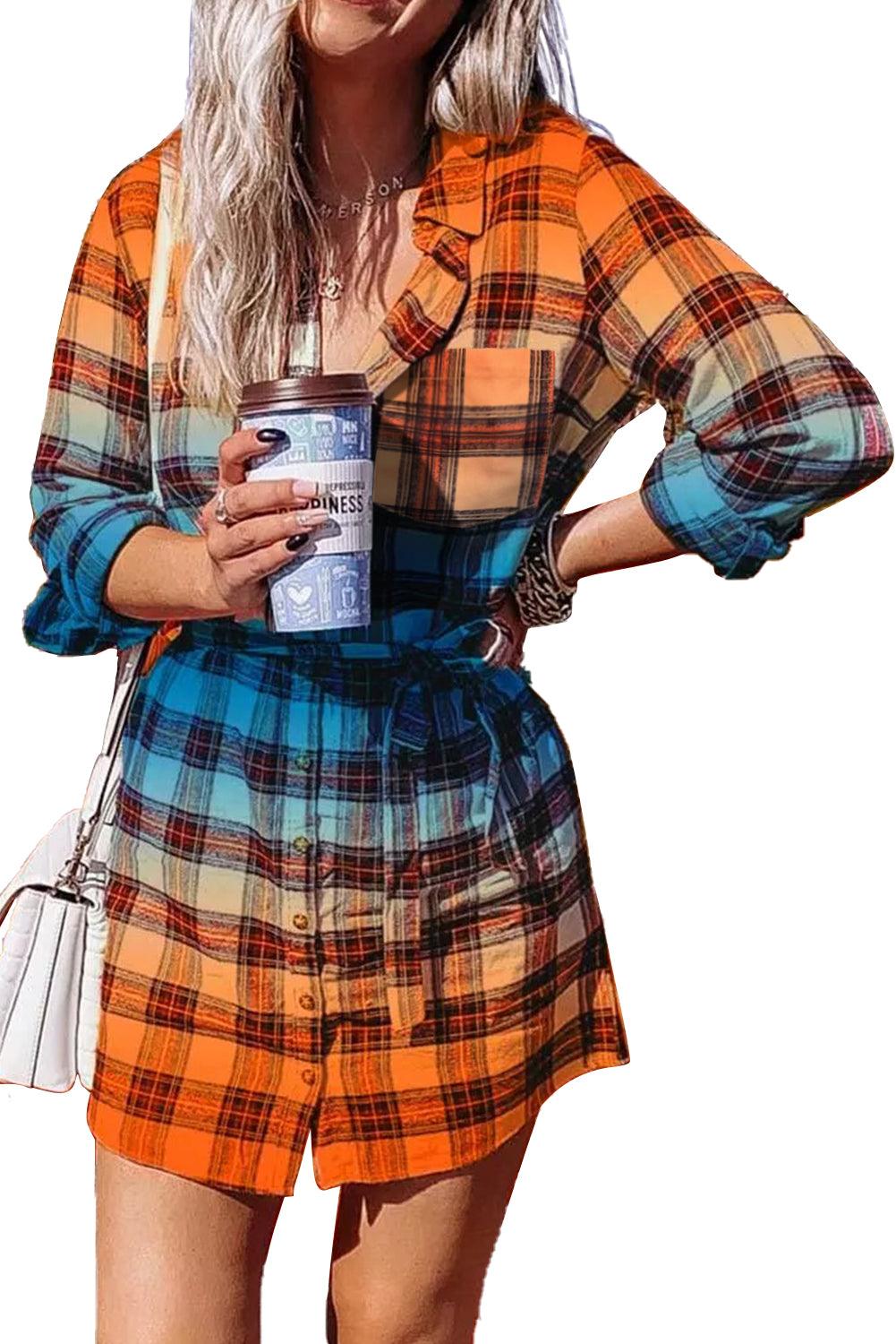 Gradient Plaid Button Front Mini Shirt Dress - L & M Kee, LLC