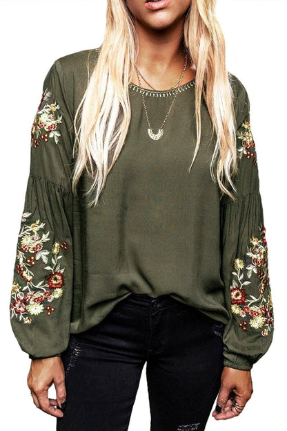 Floral Embroidery Long Sleeve Top - L & M Kee, LLC