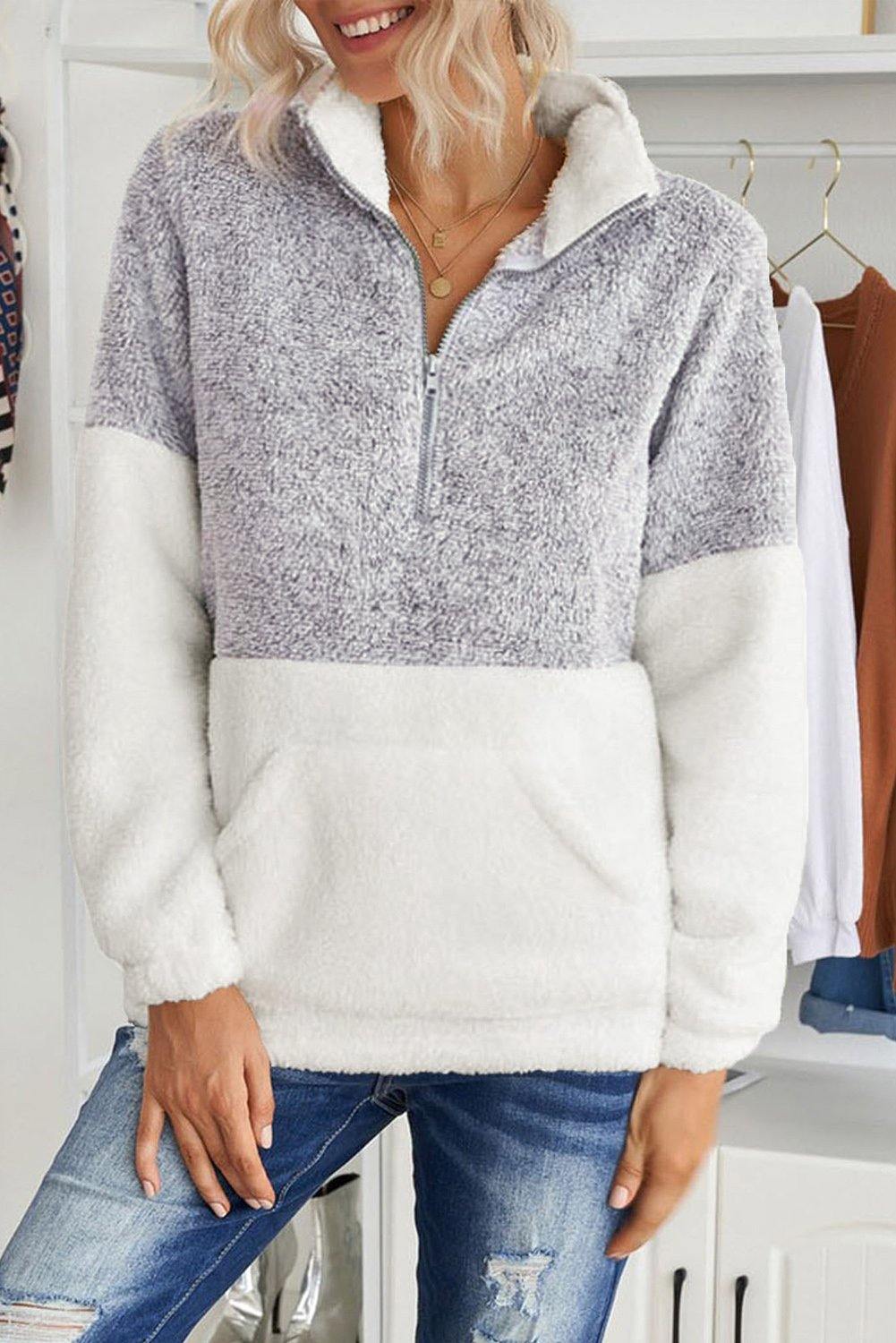 Colorblock Half Zipper Fleece Plus Size Sweatshirt with Pocket - L & M Kee, LLC