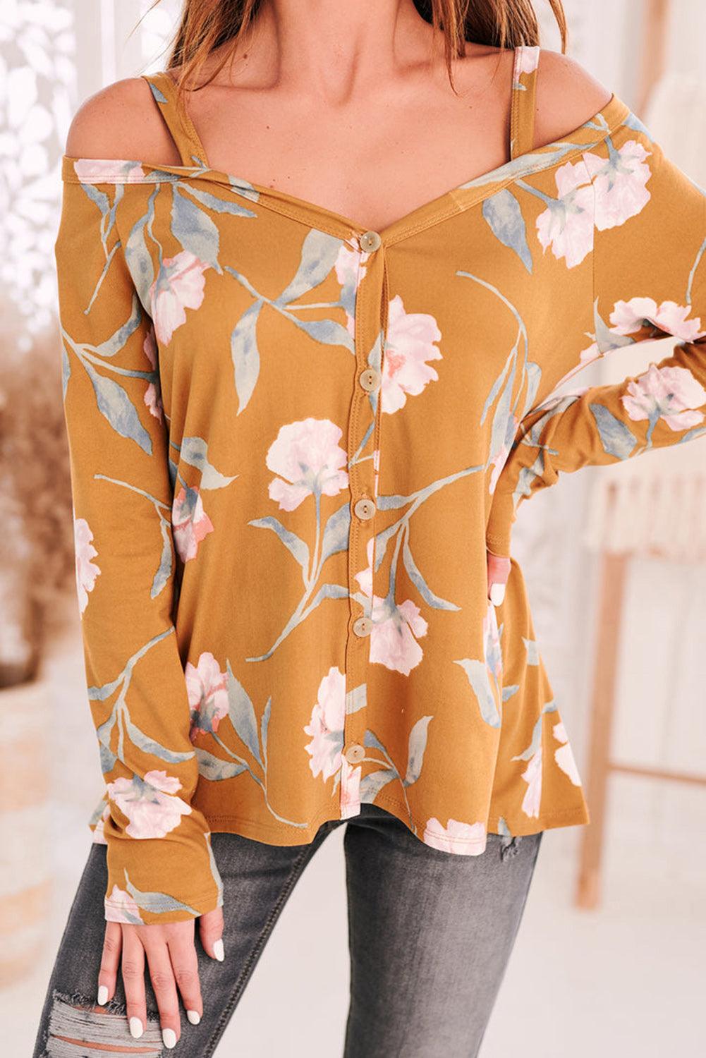 Cold Shoulder Long Sleeve Floral Top - L & M Kee, LLC