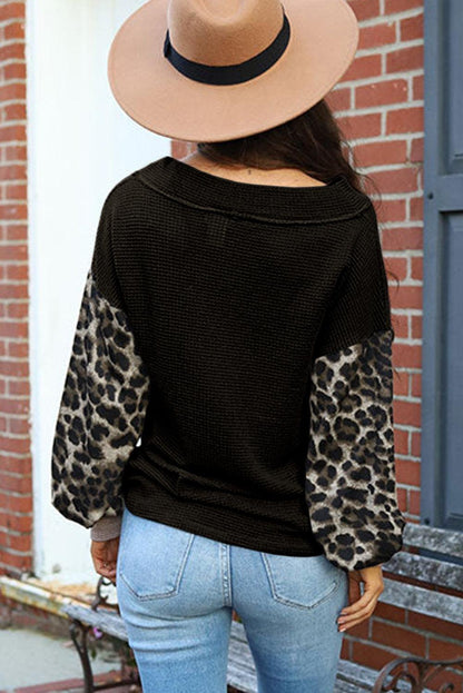 Wild Leopard Contrast Sleeve Colorblock Waffle Knit Top - L & M Kee, LLC