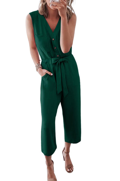 Green Buttoned Sleeveless Cropped Jumpsuit with Sash - L & M Kee, LLC