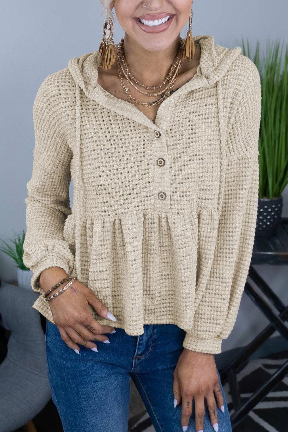 Waffle Knit Buttons Ruffled Hooded Top - L & M Kee, LLC